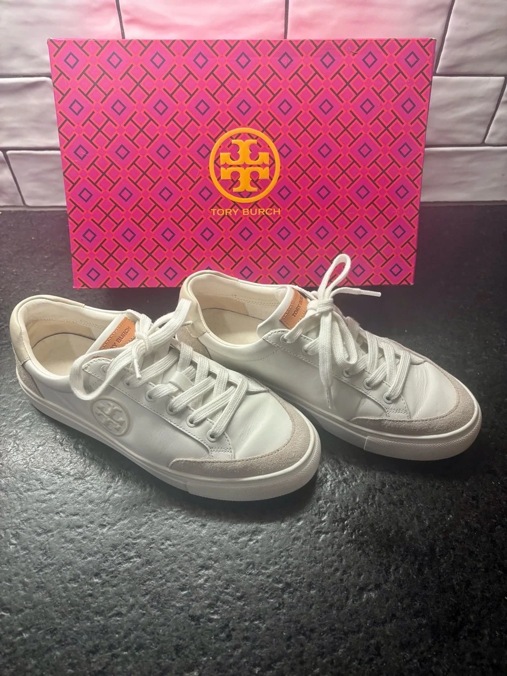 Tory Burch White Leather Bari Nappa Sneakers - Size 8
